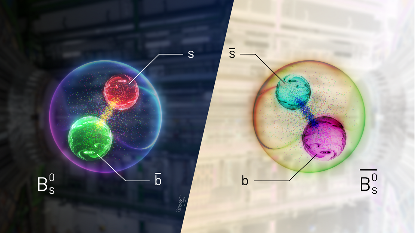 Diagram of a neutral beauty meson and its antimatter counterpart used to illustrate CMS’s CP-violation study