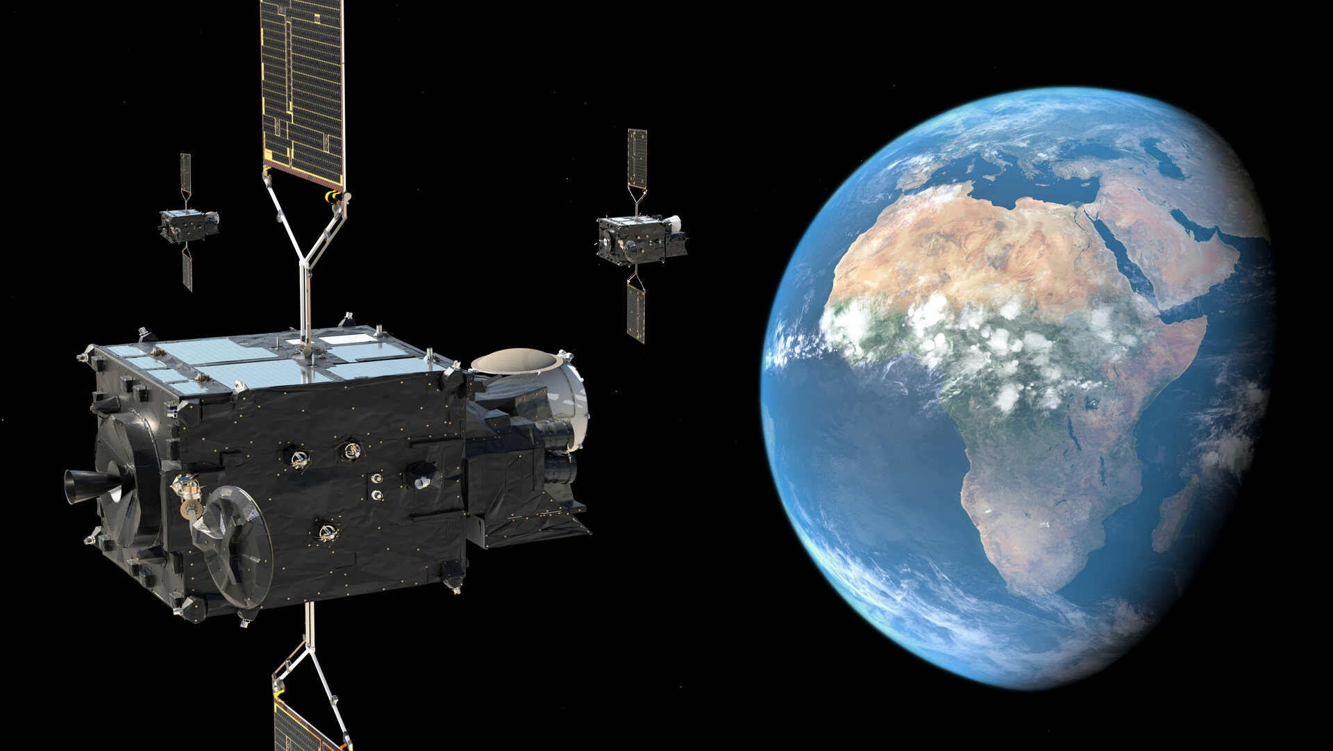 Meteosat Third Generation weather satellites in orbit above Earth
