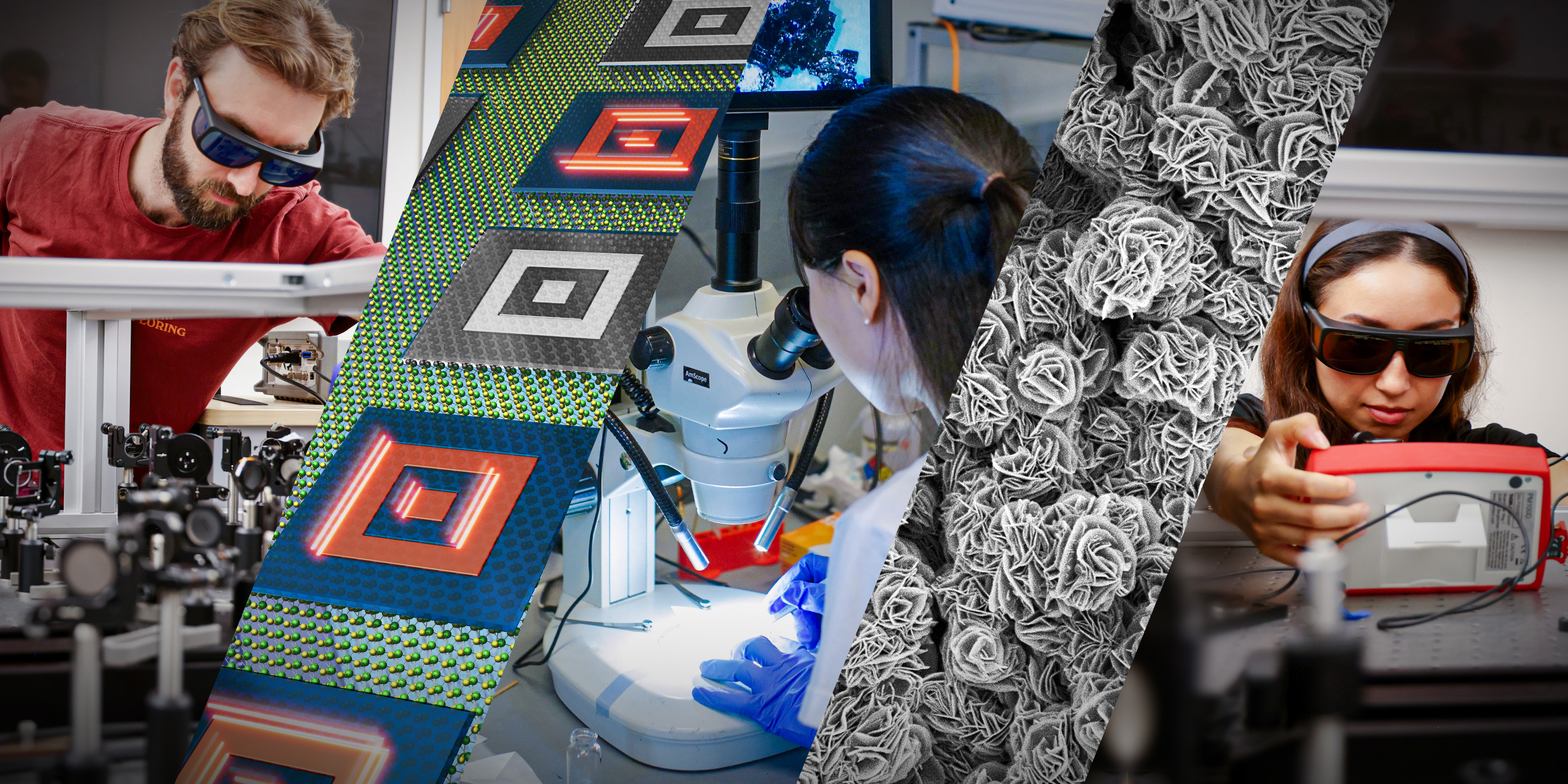 A collage of images showing scientists conducting materials research and close-up views of advanced materials.